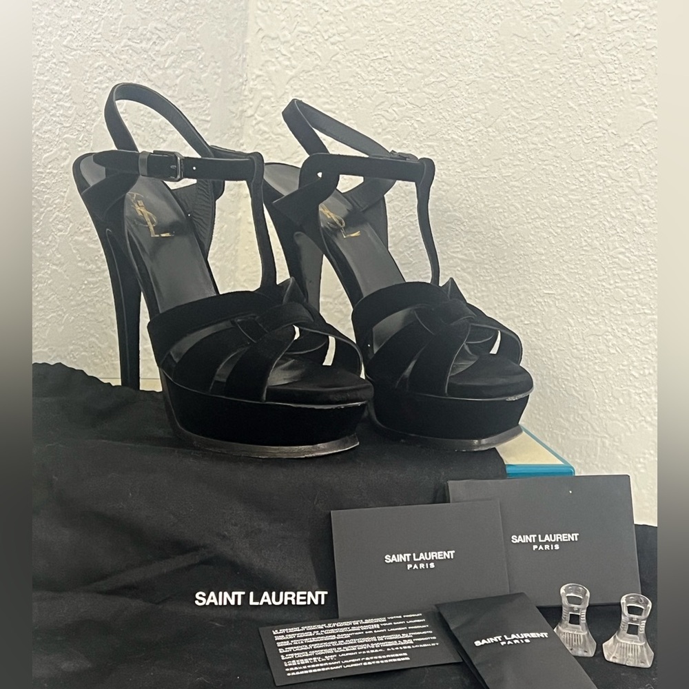 YSL SAINT LAURENT BLACK VELVET 105 TRIBUTE PLATFORM SANDALS SIZE 37.5/7.5